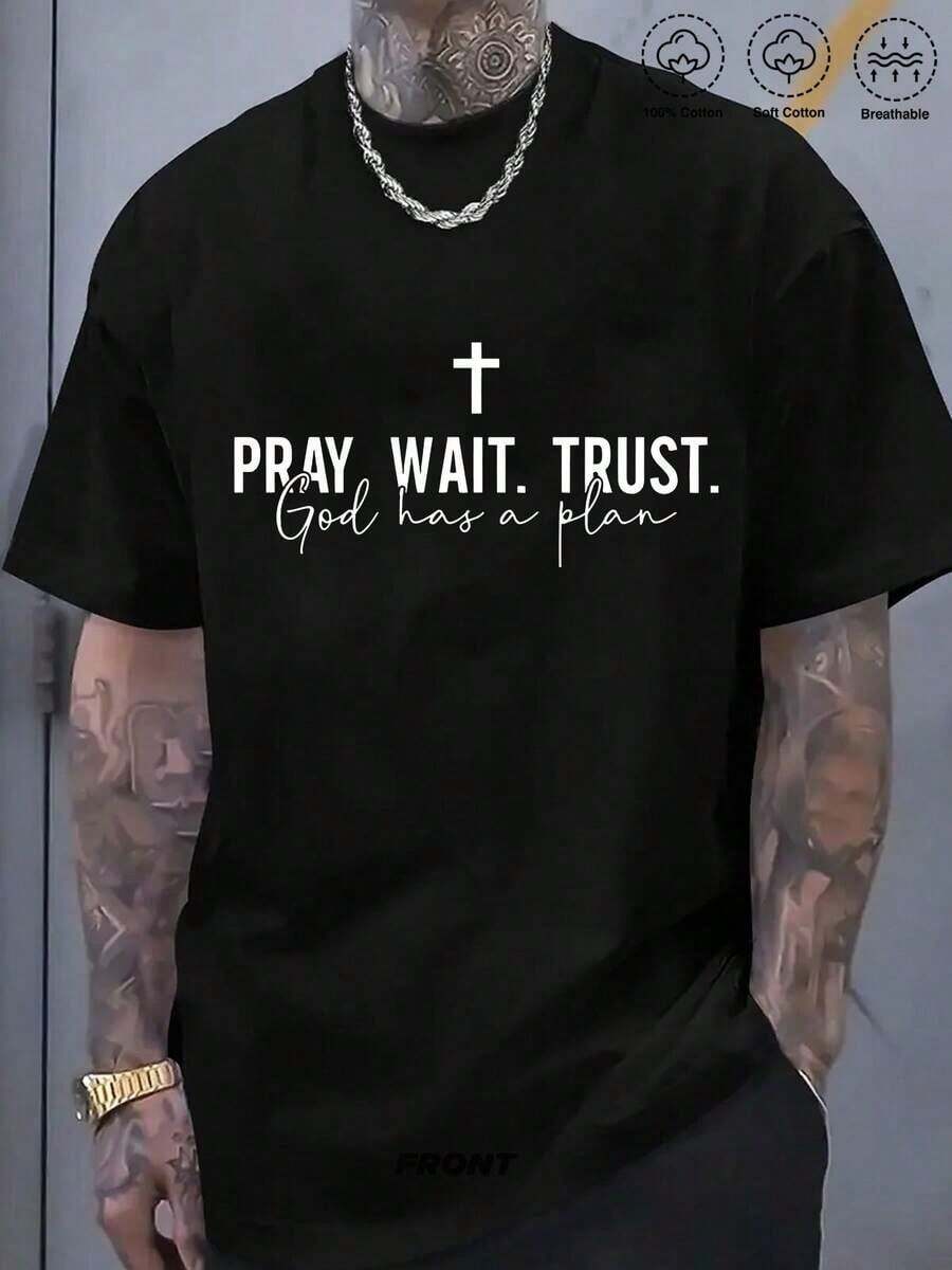 Men's Plus Size Black T-Shirt With "Pray Wait Trust God Has A Plan" Cross Print, Short Sleeve, Casual, Religious Message, Breathable, For Summer And Church, Loose Fit, Large And Tall Sizes, PLUS SIZE - White - View 1