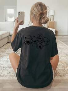 Women's Short-Sleeved Crew Neck T-Shirt, Personalized [Double-Sided Print], Suitable For All Seasons, Comfortable, With Five Cartoon Puppy Designs And English Text, Versatile Clothing, Comfortable Material, Short-Sleeved T-Shirt, For Fashion Enthusiasts - Unisex Urban Vintage Style Loose Cotton T-Shirt. - 黑色 - 查看 2