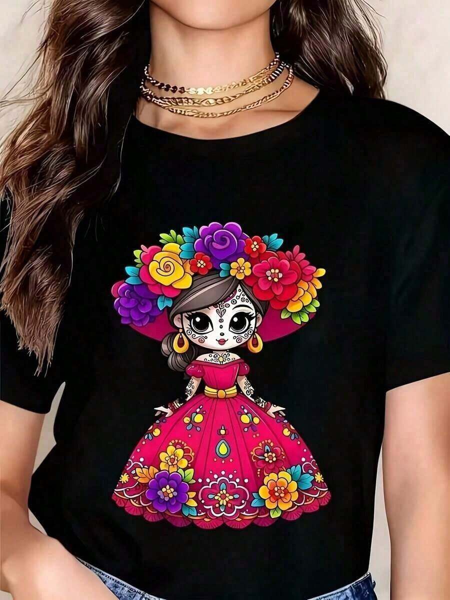 Women's T-Shirt With Mexican Skull Design - Pink Floral Print, Round Neck, Short Sleeve, Ideal For Day Of The Dead, Halloween And Parties, Casual Wear For Daily Use, Breathable And Comfortable, Mexican Costume, Summer Clothes For Women, Short Sleeve T-Shirt. - 黑色 - 查看 1