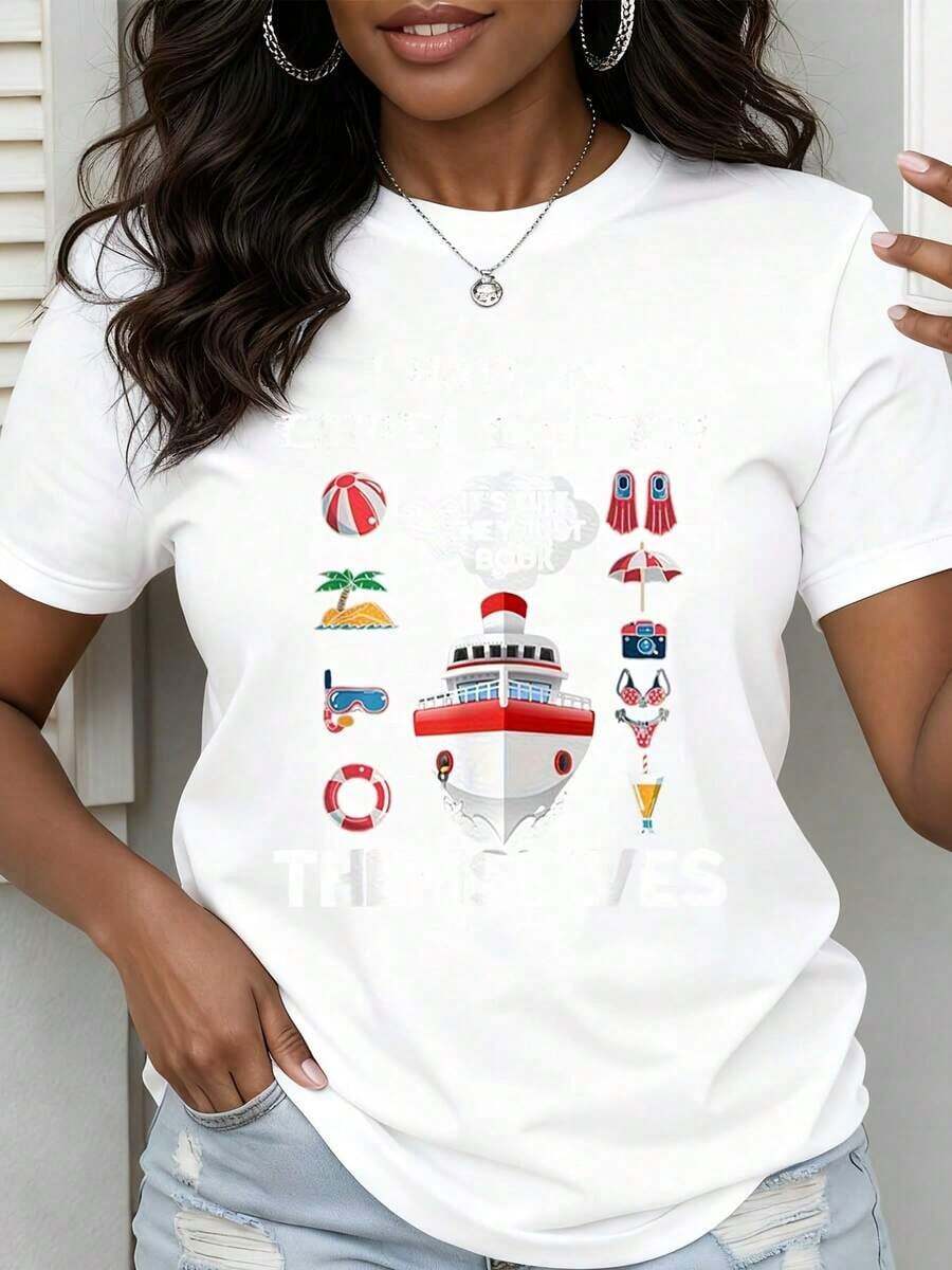 T-Shirt With Cruise Ship, Vacation And Beach Icons, Summer Travel Theme - Vintage Street Style, Unisex, Cotton, Short Sleeve, Crew Neck, 100% Cotton - 白色 - 查看 1