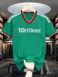 Men's V-Neck Short Sleeve With Font Pattern Print, Welldone Breathable Quick-Drying Sports T-Shirt, Football Fan Favorite, Suitable Top For - 軍綠色 - View 2
