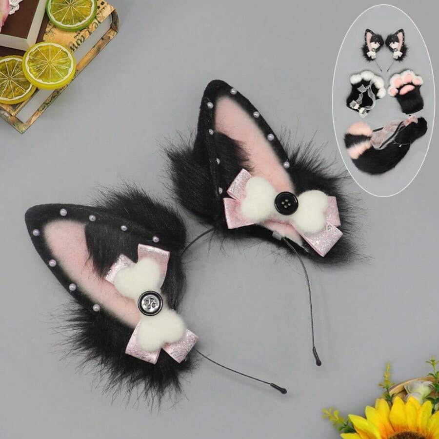 Plush Fox Ears Headband & Tail & Paw Gloves Set, Multi-Color Cosplay Costume Accessories For Halloween & Parties - 黑色狐狸頭帶 - 查看 1