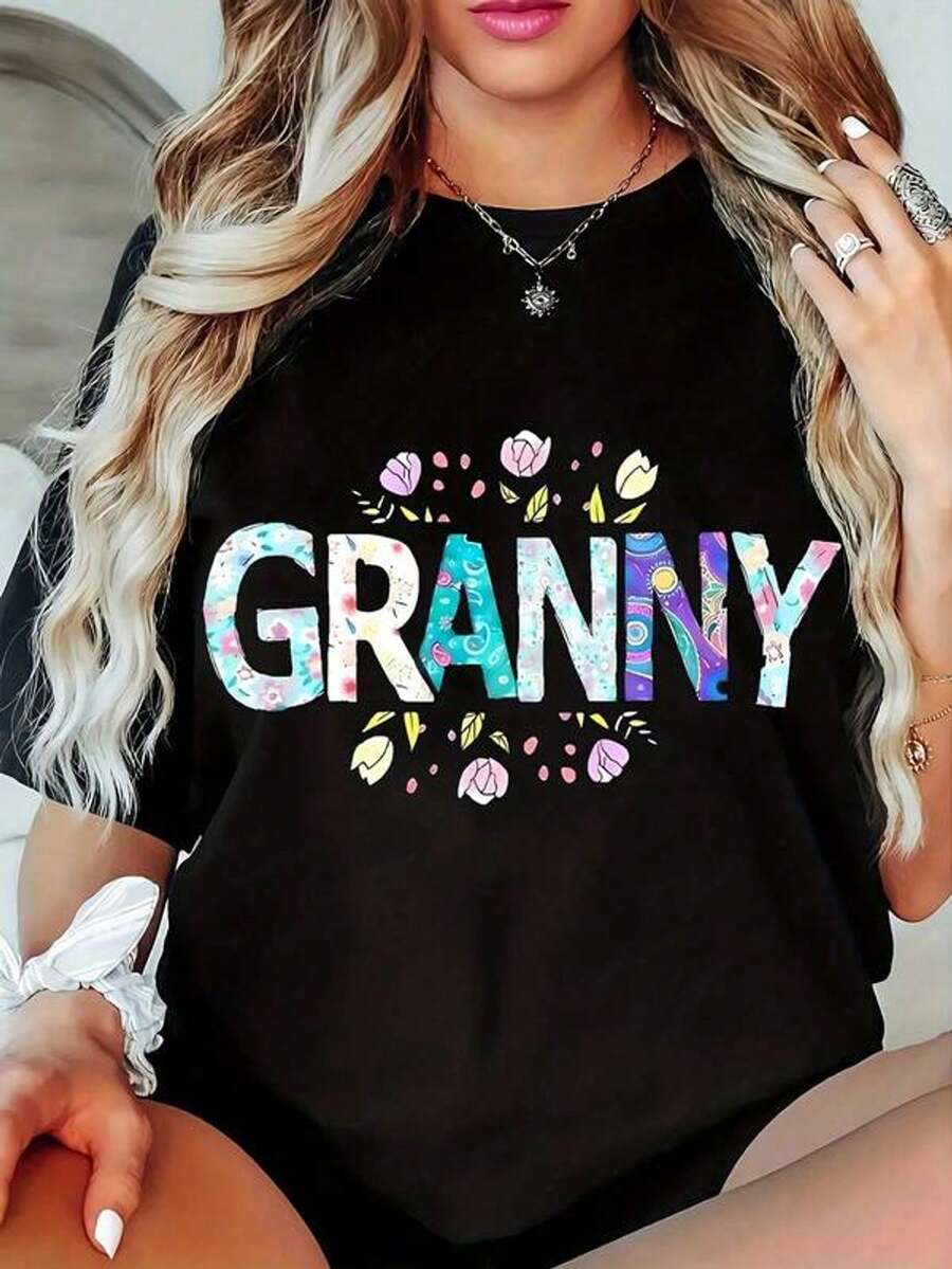Women's Short Sleeve T-Shirt With Round Neck And Floral Print Pattern With Colorful Letters S-3XL Fashionable, Comfortable And Breathable, Machine Washable - Black - View 1