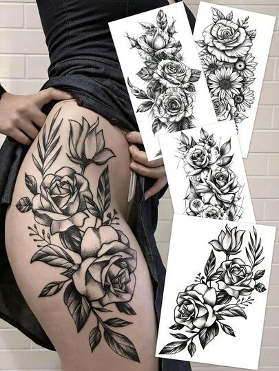 4 Sheets Sexy Black Floral Temporary Tattoos, Realistic Waterproof Large Sketch Flower Fake Body Art Stickers For Women, Temporary Tattoos For Thighs Abdomen Back Hips, Must‑Have For Festivals Parties Dates