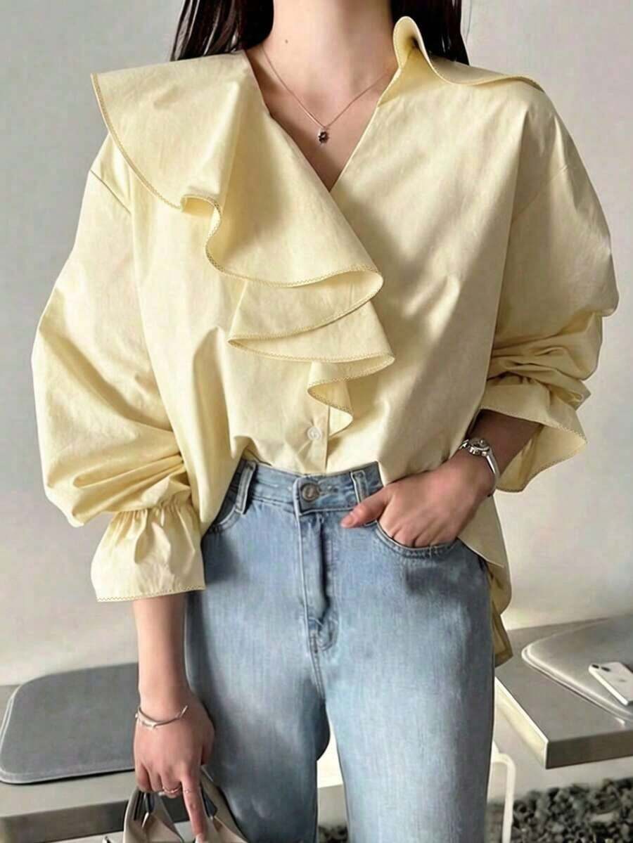 Blusa suelta con escote en V, volantes y parches elegante - Amarillo - Ver 1