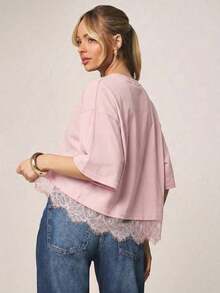 Camiseta de corte relajado y cuello redondo con ribete de encaje para comodidad casual de primavera y verano - Rosa - Ver 2