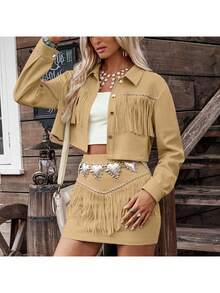 Loose-Fitting Faux Suede Jacket With Fringe, New Autumn Winter Spring 2026 Collection, European American Style - Khaki 1 - View 4