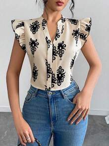 Blusa corta de cuello V con botonadura simple, mangas cortas aladas con volantes y estampado, nueva colección mujer 2026 estilo europeo americano - Albaricoque 1 - Ver 5