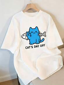 Women's Short-Sleeved T-Shirt With A Fun Cartoon Cat Design, Round Neck, Soft And Loose Fit, Suitable For Casual Daily Wear, Casual Outings, Relaxed Gatherings, And Spending Happy Moments With Friends And Family. . - 白色 - 查看 8