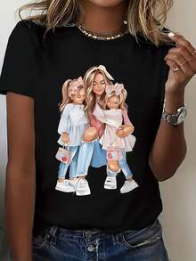 Women's Comfortable Colorful Mother's Day Gift T-Shirt - Artistic Mother-Daughter Bonding Print, Casual Crew Neck T-Shirt, 100% Cotton, All-Season Comfort, Machine Washable, Soft 180gsm Fabric, Women's Clothing - 黑色 - 查看 1