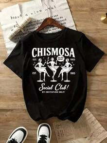 High-Quality 100% Cotton Crew Neck T-Shirt With Fun Print, Women's Social Club Est. 1983 Gossipy T-Shirt With Cocktail Girls Design, No Pos Wow, By Invitation Only, Casual Black T-Shirt Suitable For Sporting Events, Parties, Outings, Sports And Other Festive Gifts, Success Of - 黑色 - 查看 7
