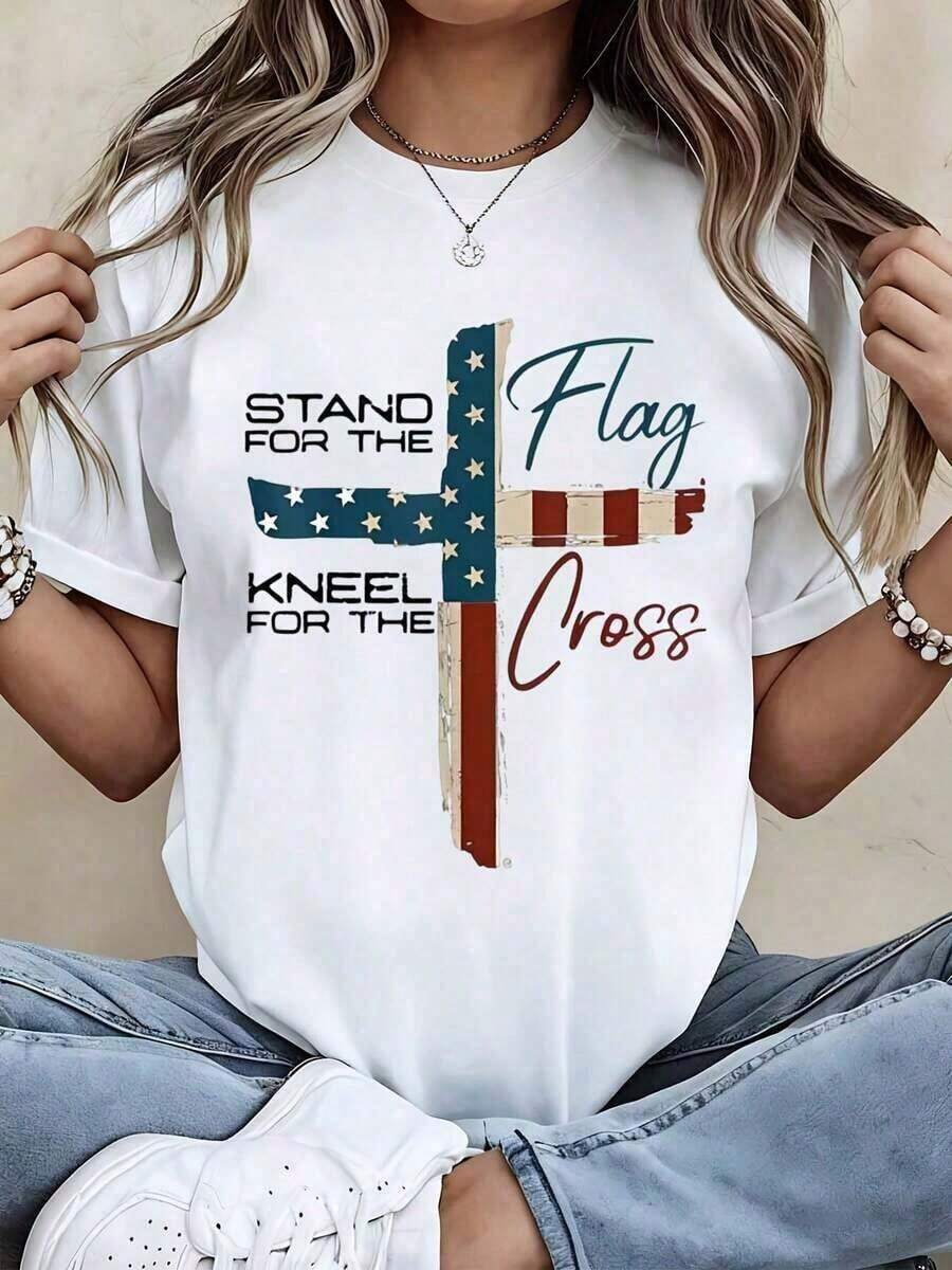 Women's Summer Outfits, Casual T-Shirt With American Flag And Cross Print, Patriotic Design For Everyday Wear And Holidays, Unisex Summer Outing T-Shirts, Women's T-Shirts - 白色 - 查看 1