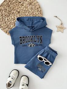 Toddler Boys' Sleeveless Knit Hooded Top Paired With Casual Shorts, Simple Yet Fashionable Design, Suitable For Baby's Spring/Summer Outings And Sports Wear - Dusty Blue - View 5