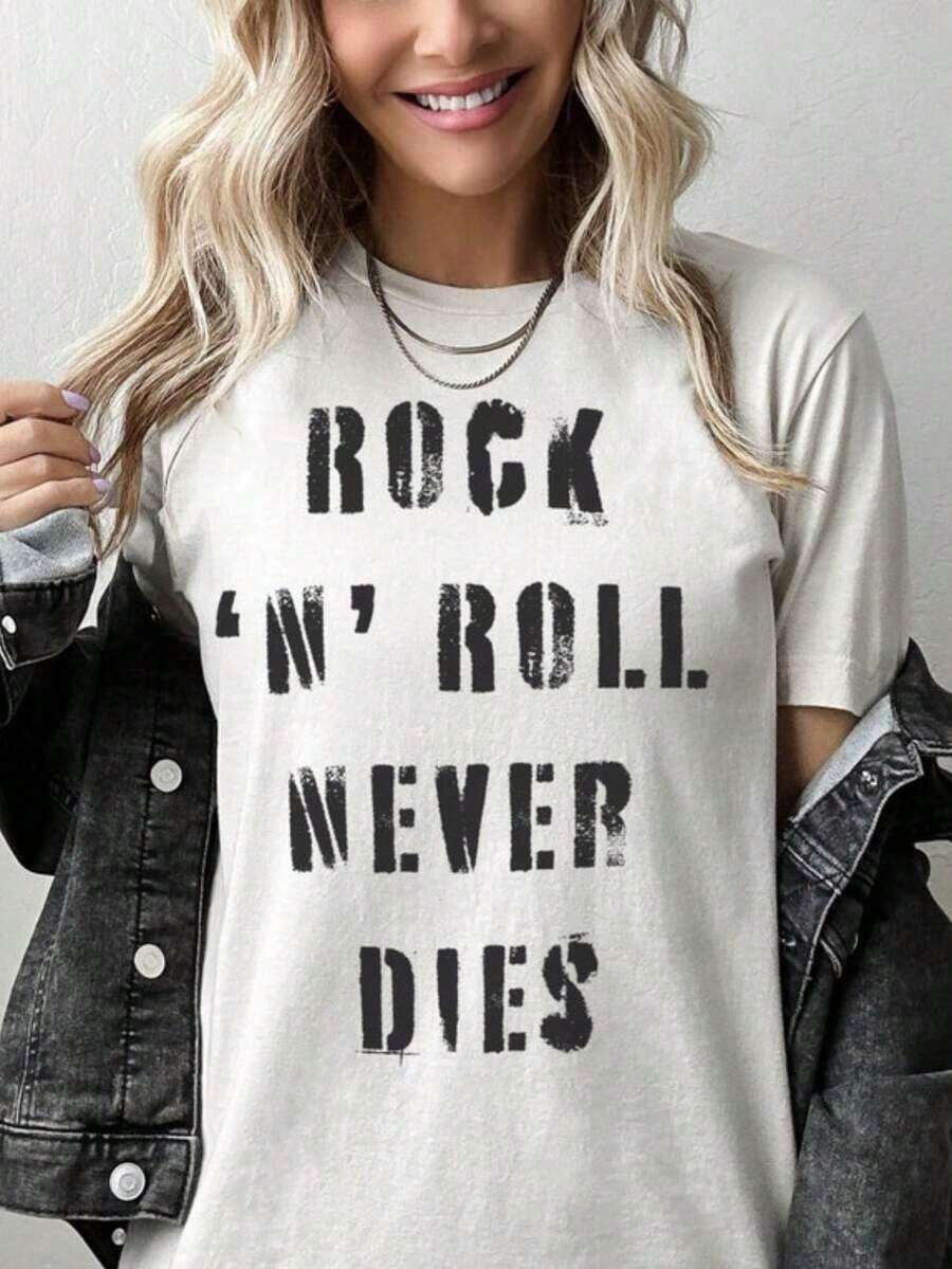 Camisetas Casuales Premium Unisex Bonitas Camisetas Casuales Premium Unisex Bonitas Camiseta de Concierto de Inspiración Vintage "Rock 'N' Roll Never Dies" Camiseta de Banda de Música Retro Boho - Blanco - Ver 1