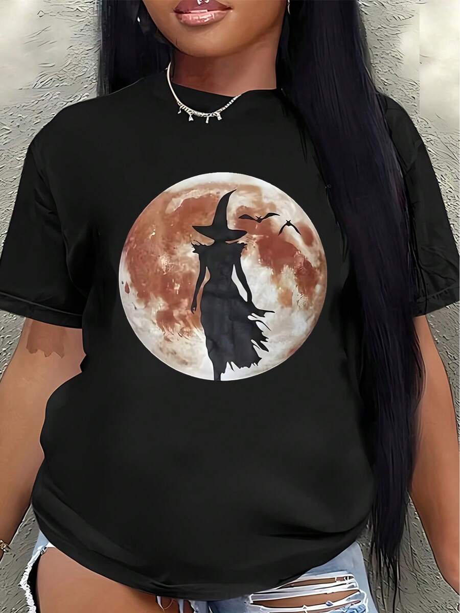 Camiseta de manga corta de poliéster con diseño de bruja y luna llena, ligera y duradera, adecuada para fiestas de Halloween, uso diario o decoración del hogar, disponible en varios colores, talla para adultos.blusa casual mujer - Negro - Ver 1