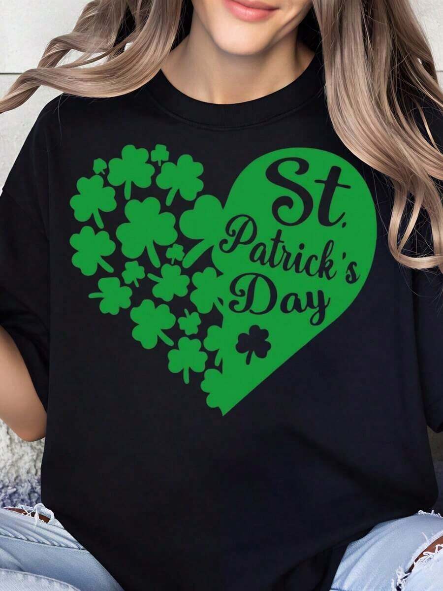 Camiseta de San Patricio con diseño de corazón y trébol para mujeres y hombres, celebra el festival irlandés con un diseño de trébol de la suerte, perfecta para la fiesta del Día de San Patricio.100% algodón puro, camiseta para mujer. - Negro - Ver 1