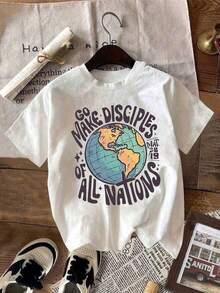 Camiseta Casual de Corte Holgado para Mujer con Estampado Cristiano "Ve y haz discípulos", Transpirable y Cómoda, Manga Corta, Cuello Redondo, Estampado de Versículo Bíblico con Globo, Algodón Suave, Perfecta para Uso Diario y Estilo Urbano Religioso - Blanco - Ver 1