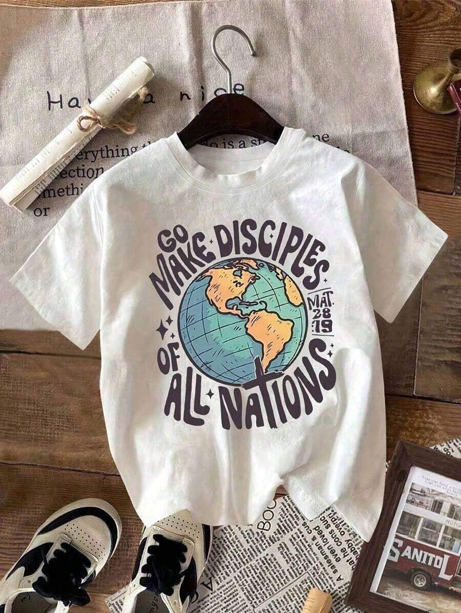 Camiseta Casual de Corte Holgado para Mujer con Estampado Cristiano "Ve y haz discípulos", Transpirable y Cómoda, Manga Corta, Cuello Redondo, Estampado de Versículo Bíblico con Globo, Algodón Suave, Perfecta para Uso Diario y Estilo Urbano Religioso - Blanco - Ver 1