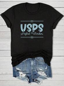Spring And Summer Present Fresh Styles That Offer A Cool And Beautiful Look With Blue Letter Prints. This Casual And Versatile Women's T-Shirt Is Perfect For Outings, Combining Fashion And Comfort. A Cotton T-Shirt, Ideal As A Gift. - 黑色 - 查看 8