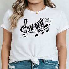 Plus Size Women's Piano Music T-Shirt - Short Sleeve Crew Neck Blouse Suitable For Music Practice, Concerts And Casual Wear, Piano Themed Top, Spring And Summer Everyday Outfits (Machine Washable) For Pianists And Music Lovers S-XXXL - 白色 - 查看 1