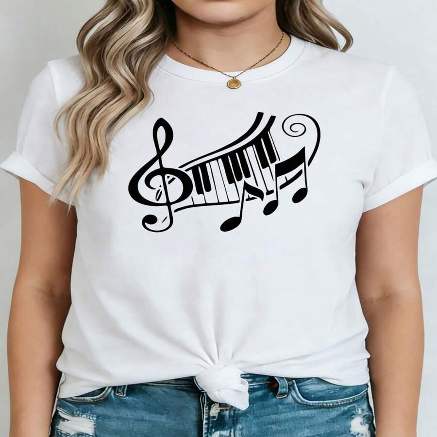 Plus Size Women's Piano Music T-Shirt - Short Sleeve Crew Neck Blouse Suitable For Music Practice, Concerts And Casual Wear, Piano Themed Top, Spring And Summer Everyday Outfits (Machine Washable) For Pianists And Music Lovers S-XXXL - 白色 - 查看 1
