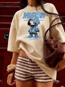 Blue Streetwear Character T-Shirt With "JHINEINN" Text, Fashionable Short-Sleeve T-Shirt For Spring/Summer 2026, Made In Mexico, 180 Grams. Cartoon Print, Couple Design, Suitable For Indoor Or Outdoor Wear. Crew Neck, Unisex, Ideal For Office And Leisure. One-Pack. - APR-P631577SLNDXZGY635 - 查看 3