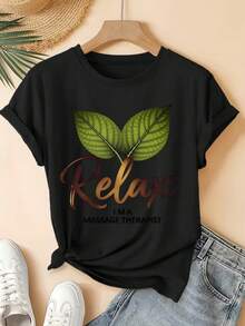 Camiseta Deportiva Casual para Mujer en Negro con Gráfico de Hoja Verde y Texto de Terapeuta de Masajes - Camiseta Elástica de Cuello Redondo, Lavable aáquina, Ajuste Cómodo y Apta para Todas las Estaciones, para Uso Diario y Actividades Informales. - Negro - Ver 6