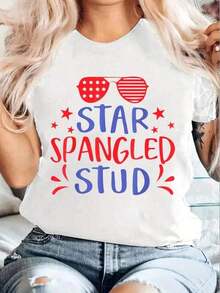 100% Cotton Star Print T-Shirt For The 4th Of July, Casual Crew Neck, Short Sleeve, Comfortable, For Spring And Summer, Women's Spring And Summer Clothing, Plus Size Women's Clothing, 100% Cotton, Women's T-Shirt - 白色 - 查看 7