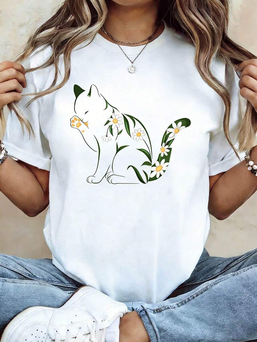 Camiseta Deportiva Casual para Mujer con Gráfico Floral de Gato en Verde Claro - Camiseta Blanca Elástica de Cuello Redondo, Lavable aáquina, Ajuste Cómodo y Perfecta para Todas las Estaciones, para un Estilo Fresco y Divertido. - Blanco - Ver 1