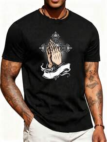 Men's T-Shirt With A Religious Design, Showing Hands In Prayer, A Cross And A Ribbon, Suitable For Casual Wear In Spring And Autumn, Making It A Perfect Gift For Faithful Believers. - 黑色 - 查看 8