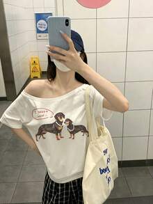 Y2K 韩版甜辣香肠狗印花露肩短袖T恤，女款，休闲宽松露脐上衣，适合学生，百搭夏季日常穿着，白色 - 白色 - 查看 6