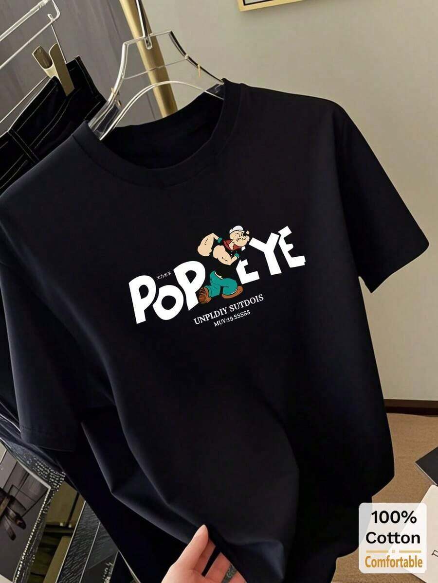 New Fashionable Women's Crew Neck T-Shirt, Limited Edition, Apricot Cartoon Print Mid-Length Short Sleeve T-Shirt, Casual Women's Top, Modern Print 3333. Lightweight Summer Cotton. Versatile Design For Summer. - 黑色 - 查看 1