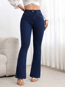Jeans de mezclilla casual con bolsillo frontal y cierre de botones, para uso diario - Azul lavado oscuro 3 - Ver 5