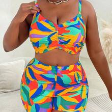 3pcs Plus Size Swimwear Set, Includes Swimwear, Cover-Up, Random Floral Print, Casual Summer Beach Outfit For Women - Multicolor - Ver 11