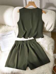 Set de 2 piezas de conjunto informal de mujer de unicolor con nudo, elegante para primavera/verano - Verde Oliva - Ver 2