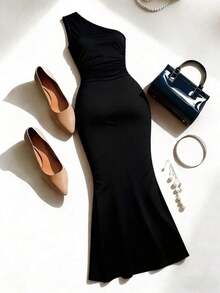 Vestido de verano elegante de mujer con decoración de metal y bajo asimétrico - Negro - Ver 2