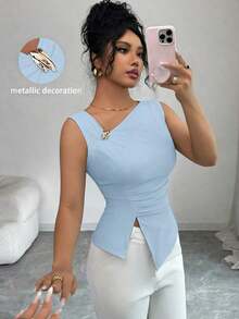 Elenzya Camiseta de mujer de unicolor con decoración metálica y cuello asimétrico - Azul - Ver 3