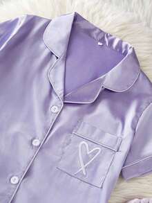 Set de 2 piezas de pijama con top de manga corta y pantalones con bordado de corazón de seda sintética - Púrpura malva - Ver 7