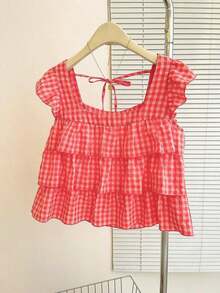 Blusa con volantes en el bajo nueva para otoño, estilo lindo para mujer - Rojo - Ver 3
