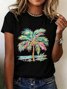 Camiseta de Mujer con Estampado de Palmeras Coloridas - Camiseta Casual Blanca con Diseño Tropical, Hojas Vibrantes en Verde, Rosa y Azul, Perfecta para el Estilo de Playa de Verano - Disponible en Tallas S, Tejido de Algodón Cómodo Adecuado para Uso Diario, Regalo Ideal para Familiares y Amigas, Camisetas para Mujer, Ropa de Vacaciones para Mujer, Ropa de Uso Diario - Negro - Ver 7
