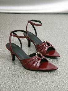 Sandalias deslizantes de tacón fino elegantes de moda francesa - Correa, Punta abierta, Tacón alto, Sin espalda, Tacones para fiestas/eventos, Color vino tinto, Atuendos de primavera y verano - Burdeos - Ver 7