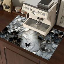 1 pieza Alfombrilla absorbente con estampado floral de metal plateado para secar platos, alfombrilla absorbente para encimera de máquina de café concentrada, alfombrilla absorbente para fregadero, alfombrilla absorbente suave para grifo, alfombrilla absorbente para taza de fregadero, accesorios de cocina y baño - Multicolor - Ver 10