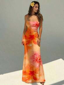 Women's Elegant Hawaiian Floral Print Backless Dress, Summer Vacation Outfit, Beach Dress, Women's Beach Resort Wear, Bohemian Tropical Resort Wear Spring Open Back Summer Dress Orange Beach Dress - 橘色 6 - 查看 5