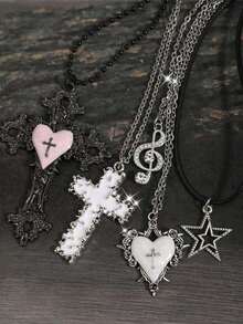 Bộ 5 mặt dây chuyền hình ngôi sao, thánh giá, trái tim, kiếm, cánh theo phong cách Y2K Retro Gothic Punk Rock đính đá lấp lánh, dây chuyền thép không gỉ, phong cách Ins Hiphop Boho Chic. - hồng và trắng - Xem 2