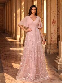 UNITHORSE V-Neck Lace Sleeve Pleated Leaf Mesh Applique Formal Party Dress, Elegant For Gala, Wedding Guest, Graduation Ceremony, Birthday, Prom Spring - 藕粉色 - 查看 4