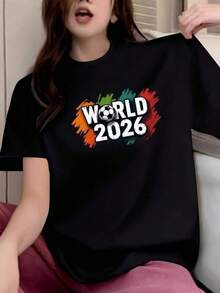 Camiseta de Fútbol Mundial 2026 para Mujeres - Diseño de y Bandera Multicolor (Verde, Francia, Brasil, Alemania) - Ropa Casual para Fans con Ajuste Relajado e Icono - Uso en Todas las Estaciones - Negro - Ver 1