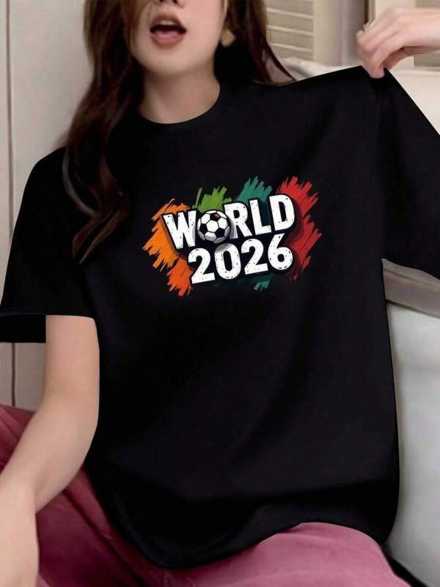 Camiseta de Fútbol Mundial 2026 para Mujeres - Diseño de y Bandera Multicolor (Verde, Francia, Brasil, Alemania) - Ropa Casual para Fans con Ajuste Relajado e Icono - Uso en Todas las Estaciones - Negro - Ver 1
