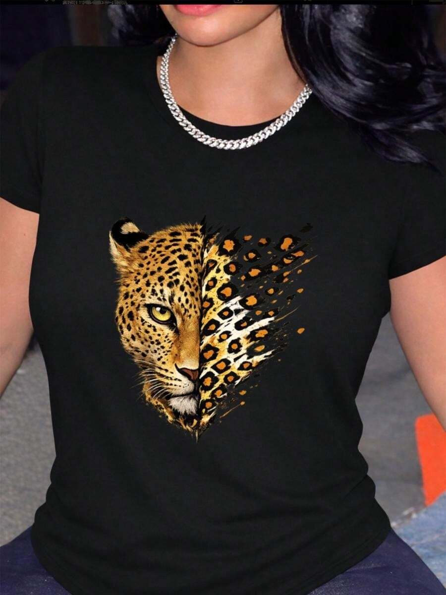 1 pieza de Playera corta 100% algodón, cuello redondo casual con estampado, estampado de tigre retro y manga corta transpirable para uso diario - Negro - Ver 1