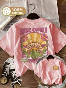 Women's Pop Art Style Summer Casual Top, Double-Sided Sun And Flower Graphic Print "HERE COMES THE SUN", Short Sleeve Crew Neck T-Shirt, Size LingK - 羅莎 - 查看 7