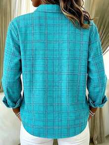 Casual Fashion Plaid Print Women's Plus Size Lightweight Long Sleeve Button-Up Shirt - Mint Blue - View 3